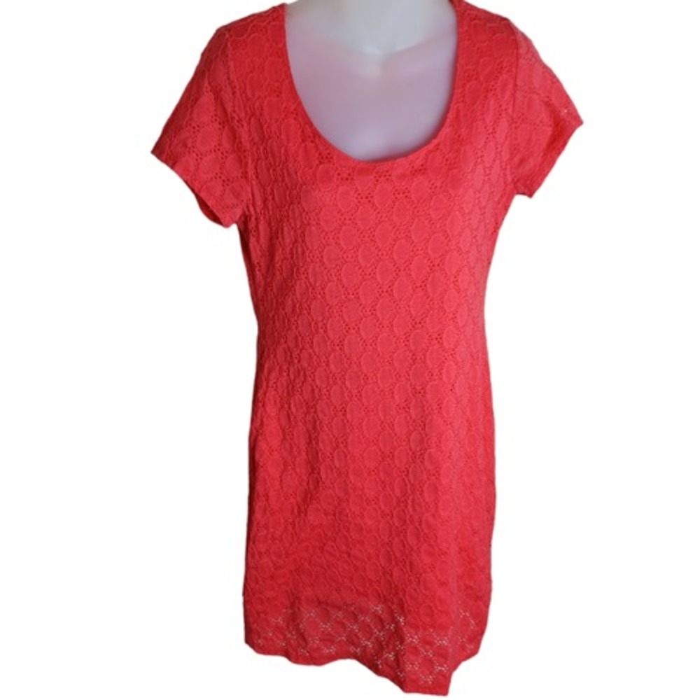 Isaac Mizrahi Womens Lace Dress Large Coral Eyelet Lined Stretch Cocktail‎ Party